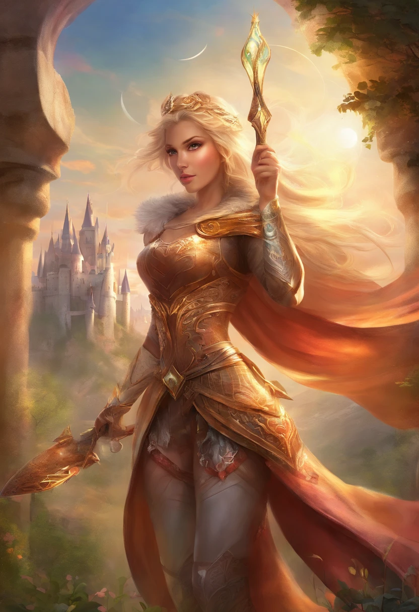 1Cat-like warrior with bow and 1 Elven mage with magic wand in front of a huge castle in the background sexy pose big and magician with small breasts Solid , easy smile, Ohren-Rouge, exy sweet smile hot best quality, high resolution, Ultra-detailliert, Lebendige Textur,