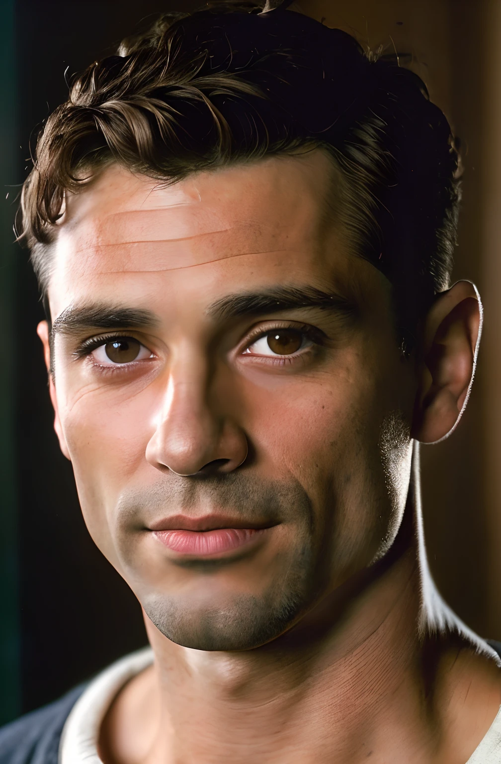 (close-up, editorial photograph of a 40 yo man from the 1940's), (highly detailed face:1.4) (smile:0.7), Tall and fit, (40 years old :1.2), (shaven:1.2), (very short brown curly hair:1.5), ((very short hair:1.3)) (background inside dark, moody, private study:1.3) POV, by lee jeffries, nikon d850, film stock photograph ,4 kodak portra 400 ,camera f1.6 lens ,rich colors ,hyper realistic ,lifelike texture, dramatic lighting , cinestill 800,