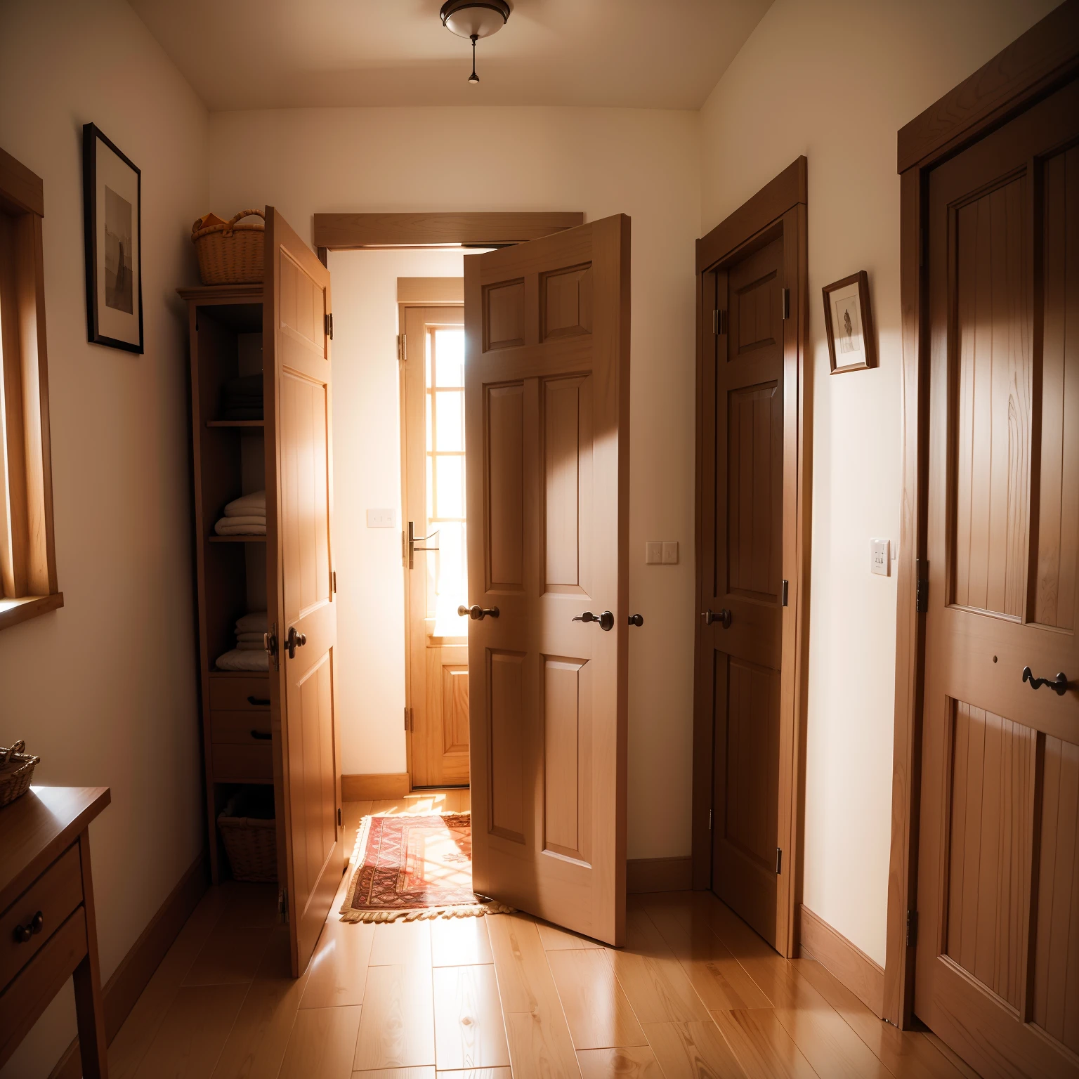 Small old fashioned room with doors at each end of the room a open wardrobe