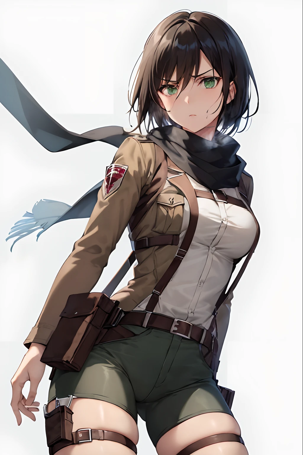 aot style, shingeki no kyojin,
mikasa ackerman,
1girl, arm strap, bangs, black hair, black pants, breasts, cowboy shot, embers, green eyes, grey background, hair between eyes, harness, long sleeves, looking at viewer, medium breasts, pants, red scarf, scarf, shirt, short hair, smoke, solo, thigh strap, brown jacket, white shirt, survey corps \(emblem\)
, ((masterpiece)), best quality
,