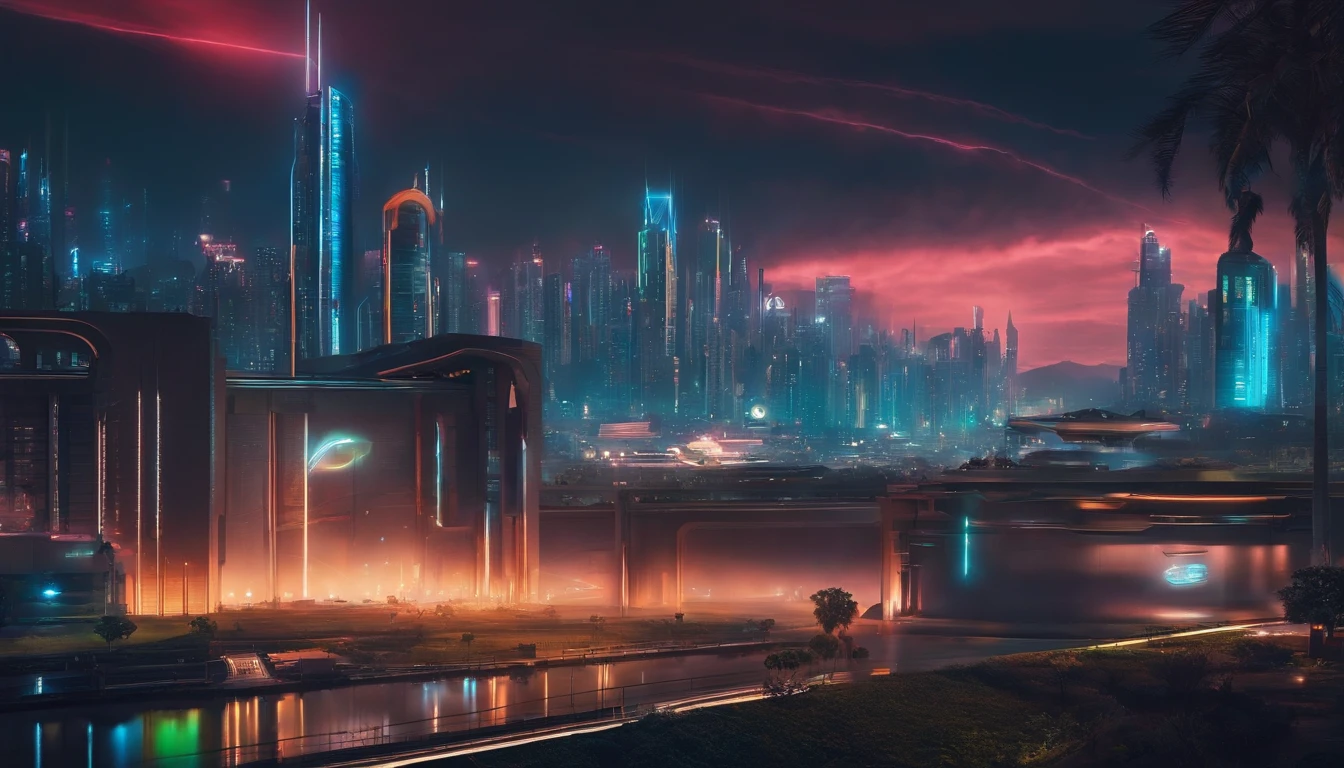 (obra prima) cidade no estilo cyberpunk, illuminated sky, neon light, imagem vista do zero, paisagem ampla, cidade futurista