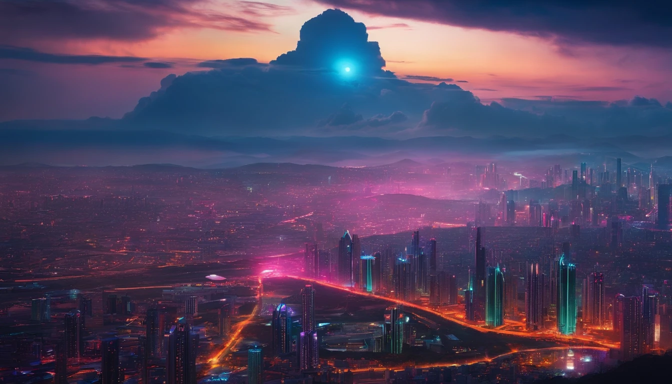 (obra prima) cidade no estilo cyberpunk, illuminated sky, neon light, imagem vista do zero, paisagem ampla, cidade futurista
