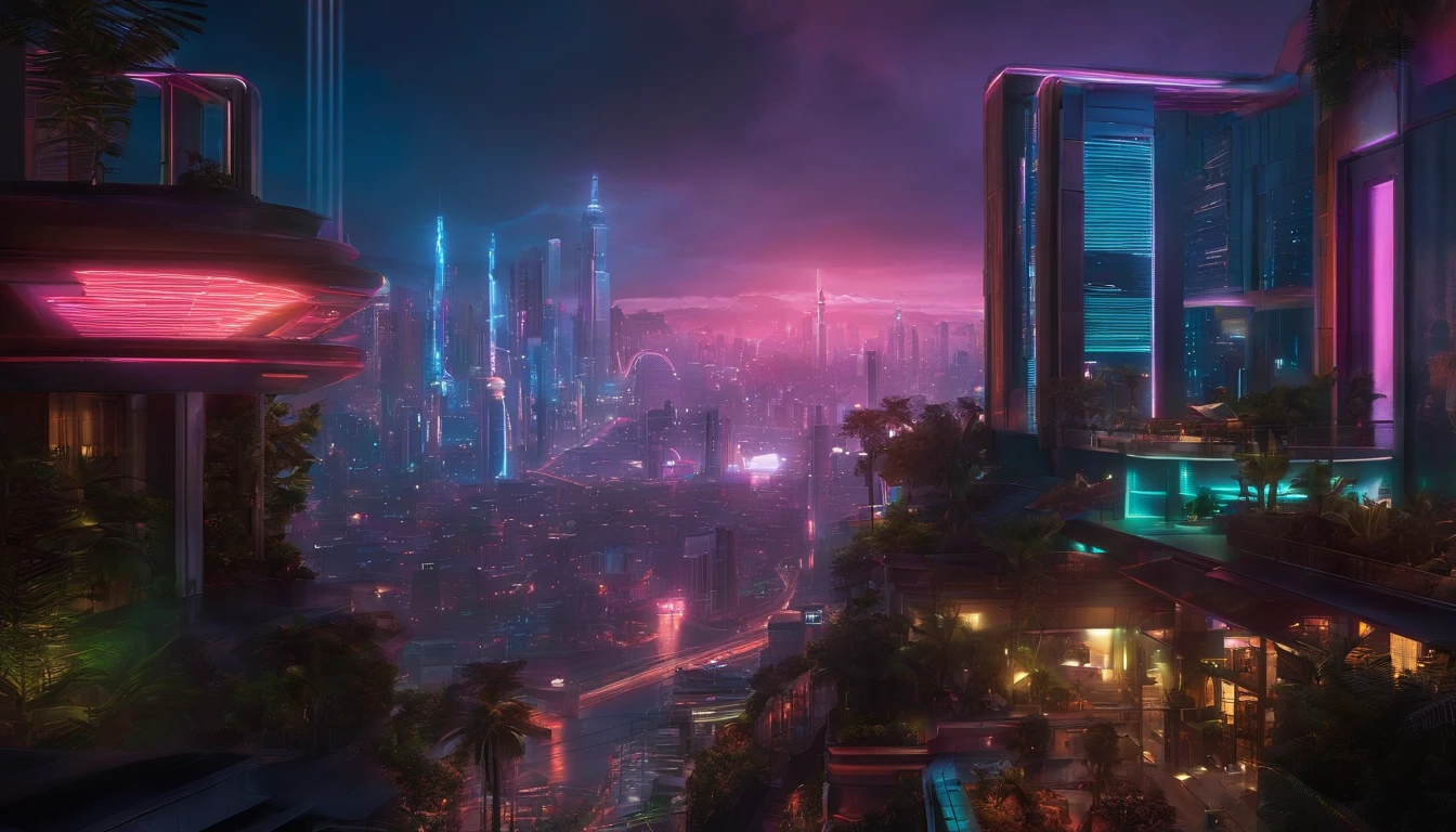 (obra prima) cidade no estilo cyberpunk, illuminated sky, neon light, imagem vista do zero, paisagem ampla, cidade futurista