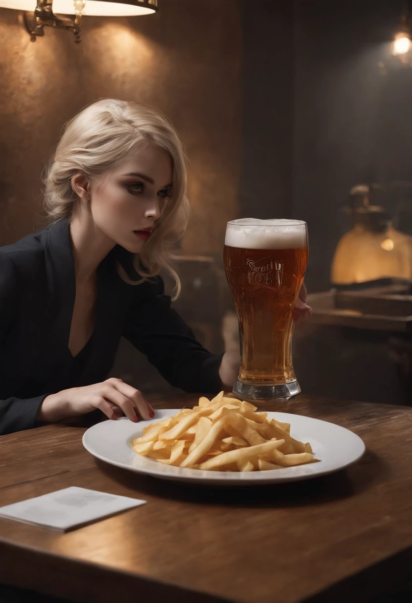(Beer in the crystal skull, A plate with chips and a snack), A puddle of beer on the table, restaurant, portraite of a, (sharp-focus: 1.2), photo (American Apartment), in a Parisian coffee shop, (Beautiful reflections: 1.1), Detailed pleats and edges, (hard: 1.2), (Moderate lighting,: 1.2), Depth of field, bokeh, 4k, HDR. Cover photo, (moody lighting: 1.2)