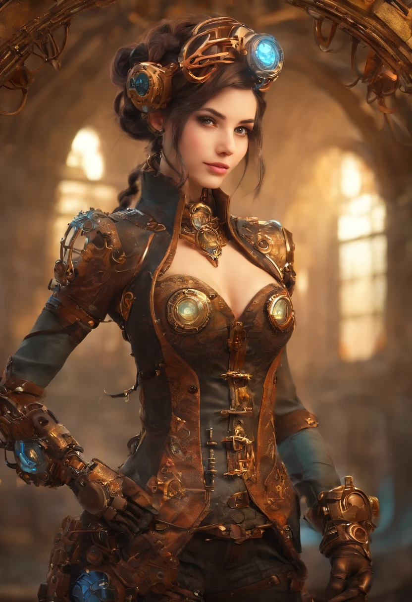 Cute Young Biomechanic Steampunk Cyborg Realistic Woman Movie Shallow Focus Scene, Mais sobre seu steampunk de corpo inteiro、It stays in fluid motion in a simple and barren place with stunning cloud landscapes and sunsets、hydraulic cylinder、metro、Pipes、LED Bulbs、vacuum tubes、CPU、LED、Fibra、escapamento、radiador、electronic circuitry、 The cleavage is visible、 (usando roupas futuristas (tangerina:0.3) Its intricate and detailed steampunk body of anatomically sculpted biomechanical graphite, (Biomechanical Graphite Steampunk Cyborg Grady、Complex and detailed anatomical carved with loli gothic detail).Fone de ouvido futurista、 (Anatomically sculpted biomechanical graphite steampunk cyborg、More about the elegant and glamorous Gothic loli、Cabos, Wires and microchips are、Habilmente em seu corpo ciborgue feminino) Corpo esguio em forma quente com um lindo rosto jovem e redondo, expressivos grandes olhos redondos, Capturado com luz natural brilhante e belas cores vibrantes. Stunning images with 8K resolution in steampunk style. The scene has a strong heroic unconquerable mood, a masterful complete scene of the female full body standing with a happy expression.
