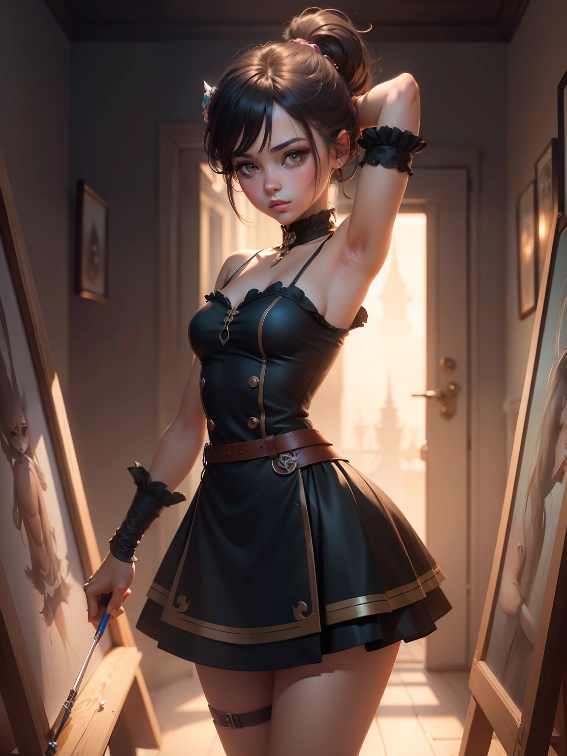 (Stylized character), An artist girl painting, (beautiful CG artwork), (best quality, ultra-detailed, high resolution), (masterpiece, top quality, best quality, official art, (good lighting:1.1),