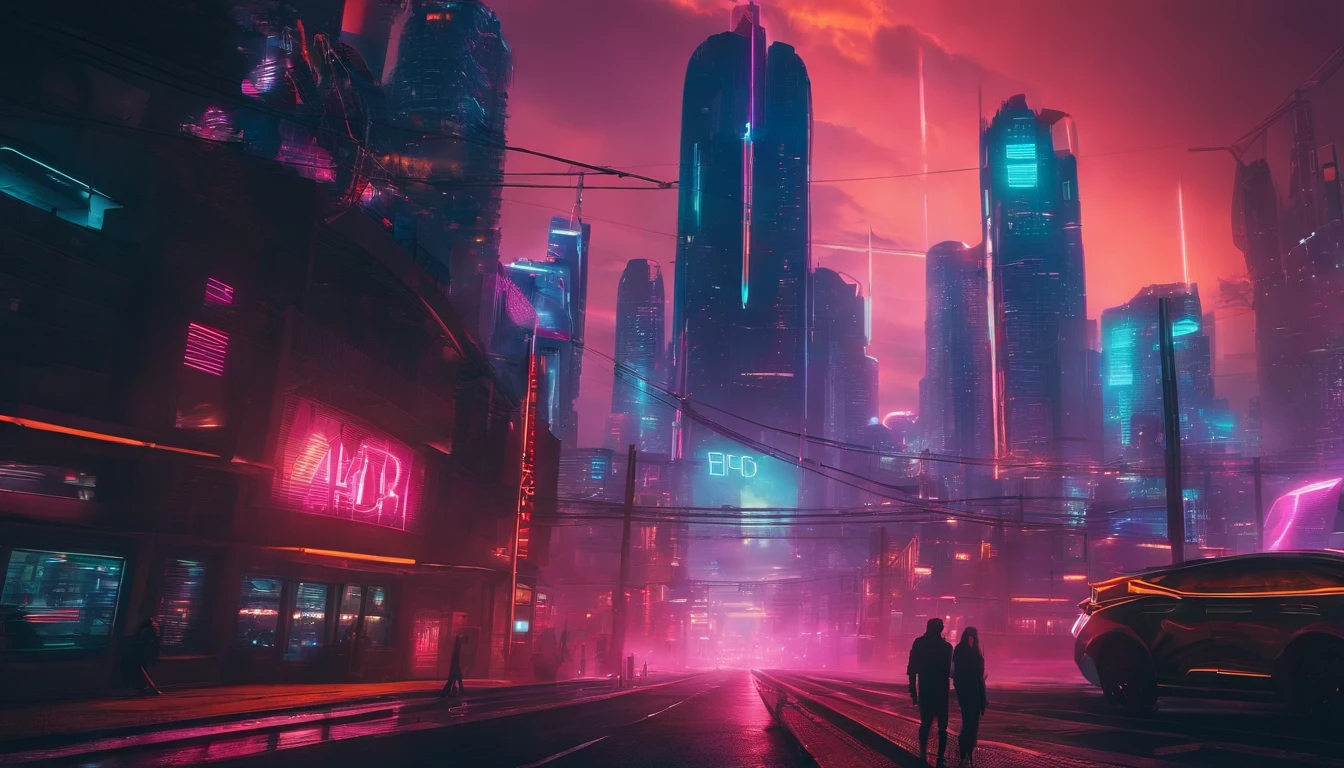 (obra prima) cidade no estilo cyberpunk, illuminated sky, neon light, imagem vista do zero, paisagem ampla, cidade futurista
