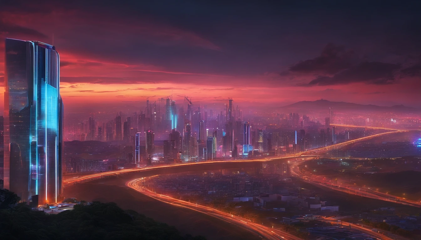 (obra prima) cidade no estilo cyberpunk, illuminated sky, neon light, imagem vista do zero, paisagem ampla, cidade futurista