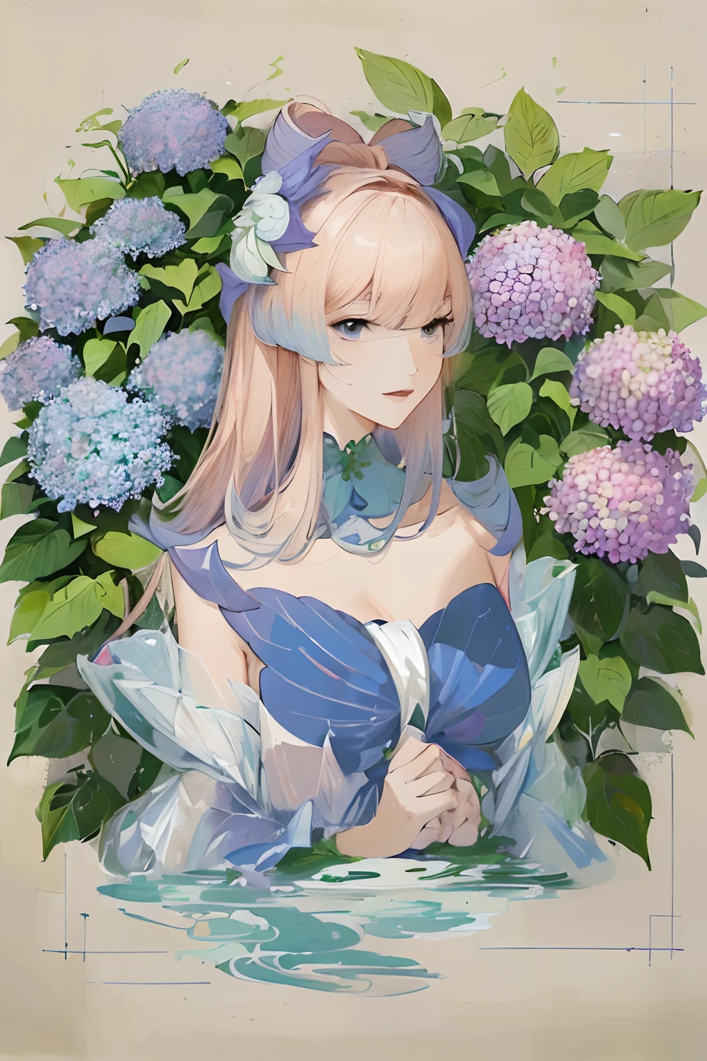((Best quality))), ((Ultra-detailed)),((plant illustration)),without hands,Botanical diagram,Gongbi style,Meticulous,white backgrounid,water ink, illustrations of hydrangea flowers