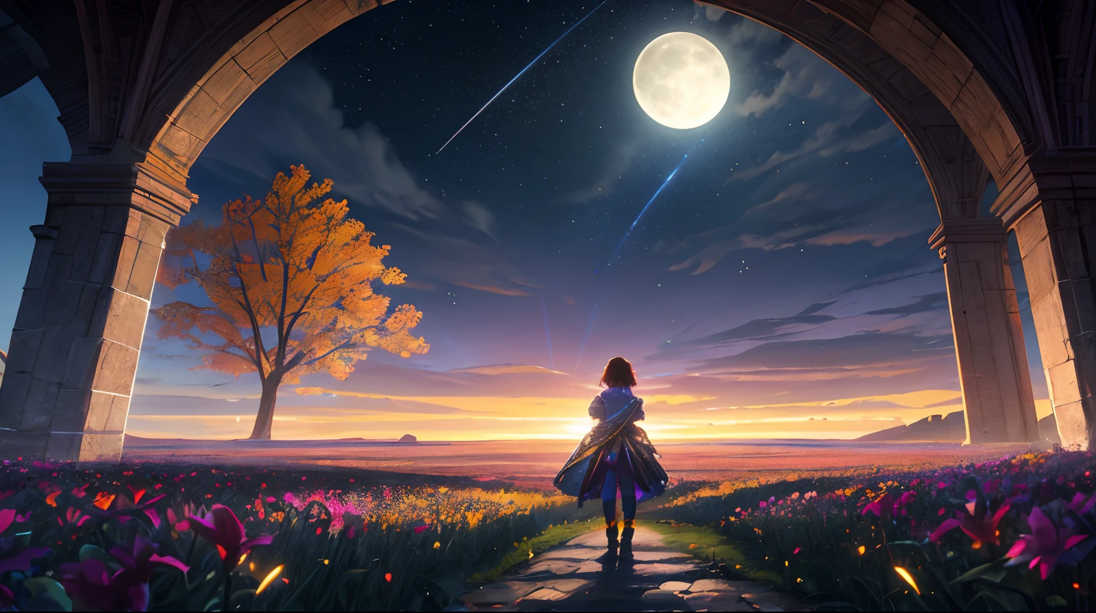 A woman standing in a field of flowers under a full moon - SeaArt AI