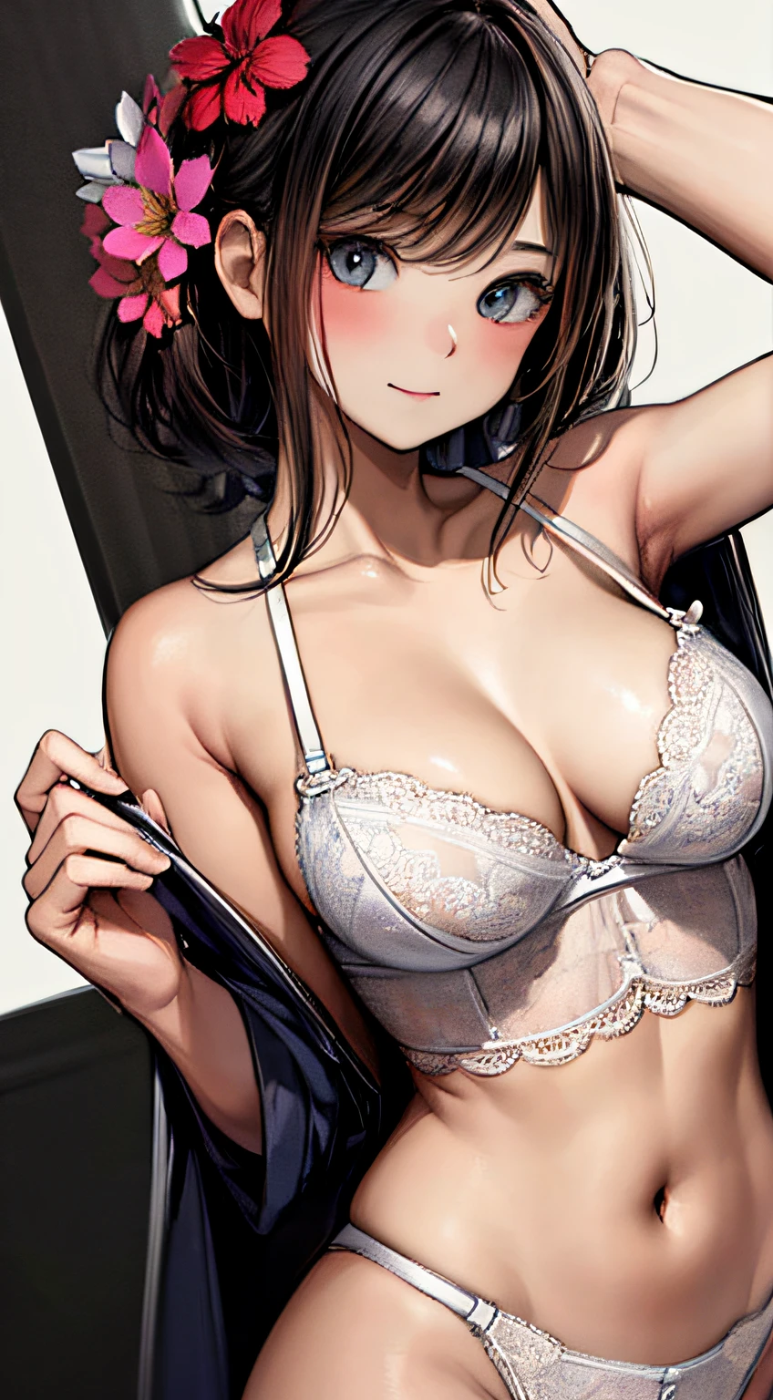 girl with、an lingerie、(PastelColors)、(portlate、above breasts、very closeup:1.1)、(masterpiece、top-quality、offcial art、Beauty and aesthetics:1.2)、Dynamic Poses、(ultra-detailliert)、detaile、The best illustrations、hand-paintedhigh-quality、(Clean lines:1.3)、(line-drawing)、Ligneclair、Fractal Art,Wraparound configuration,flat-chest,flowers background,(intricate-detail),(detailedbackground:1.2),hight resolution,