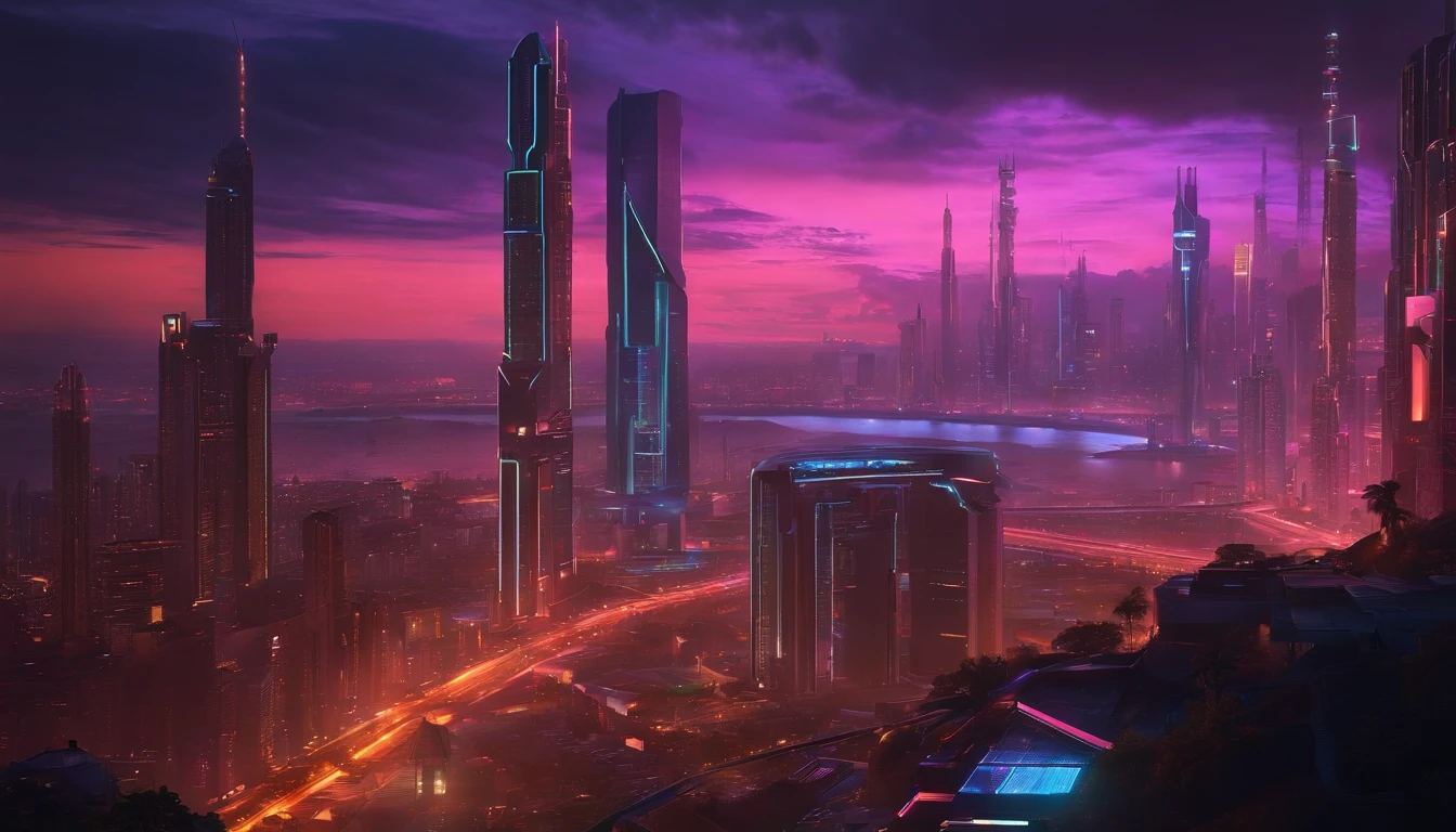(obra prima) cidade no estilo cyberpunk, illuminated sky, neon light, imagem vista do zero, paisagem ampla, cidade futurista