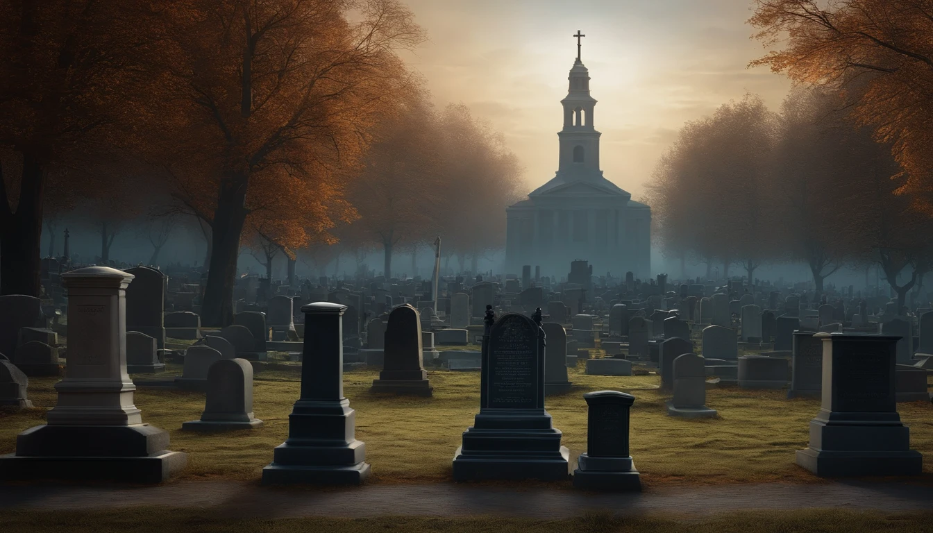 There is a cemetery with many headstones in the background, Alexey Egorov, Directed by: Eglon van der Neer, Bussiere Rutkowski Andreas Rocha, eerie nostalgic concept art, arte de fundo, Directed by: Otakar Kubin, Martin Raphael Lacoste, cemetery landscape, graveyard background, graveyard, graveyard, Stefan Koidl inspirado , Realistic, hyper realistic, super realista com imagens queimadas
