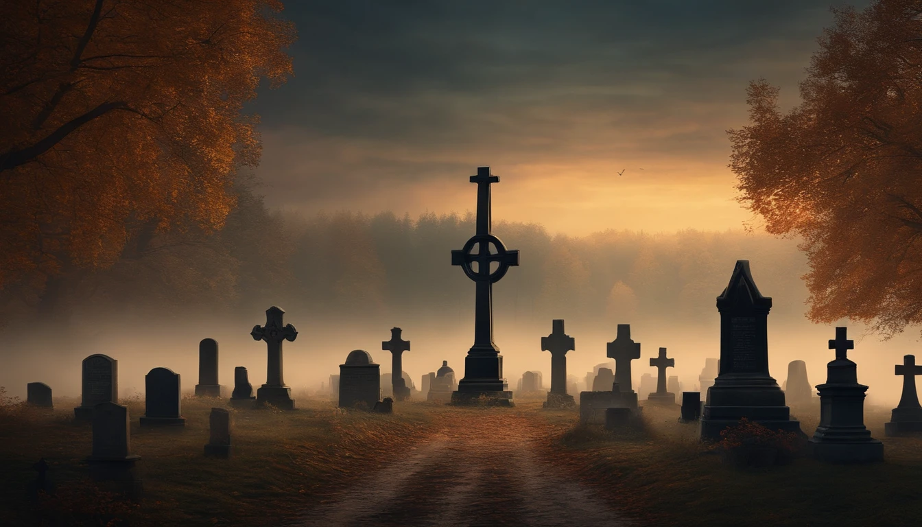 There is a cemetery with many headstones in the background, Alexey Egorov, Directed by: Eglon van der Neer, Bussiere Rutkowski Andreas Rocha, eerie nostalgic concept art, arte de fundo, Directed by: Otakar Kubin, Martin Raphael Lacoste, cemetery landscape, graveyard background, graveyard, graveyard, Stefan Koidl inspirado , Realistic, hyper realistic, super realista com imagens queimadas