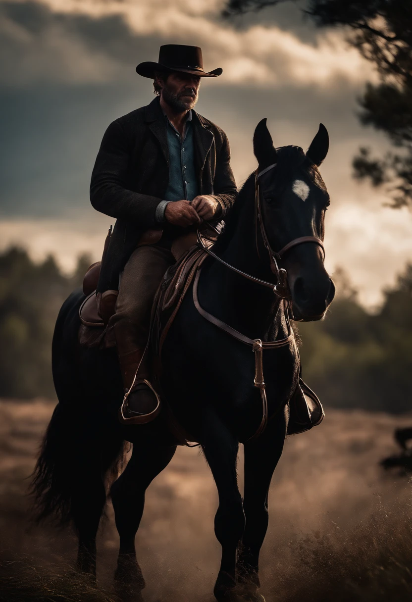 Arthur Morgan on his black American horse.