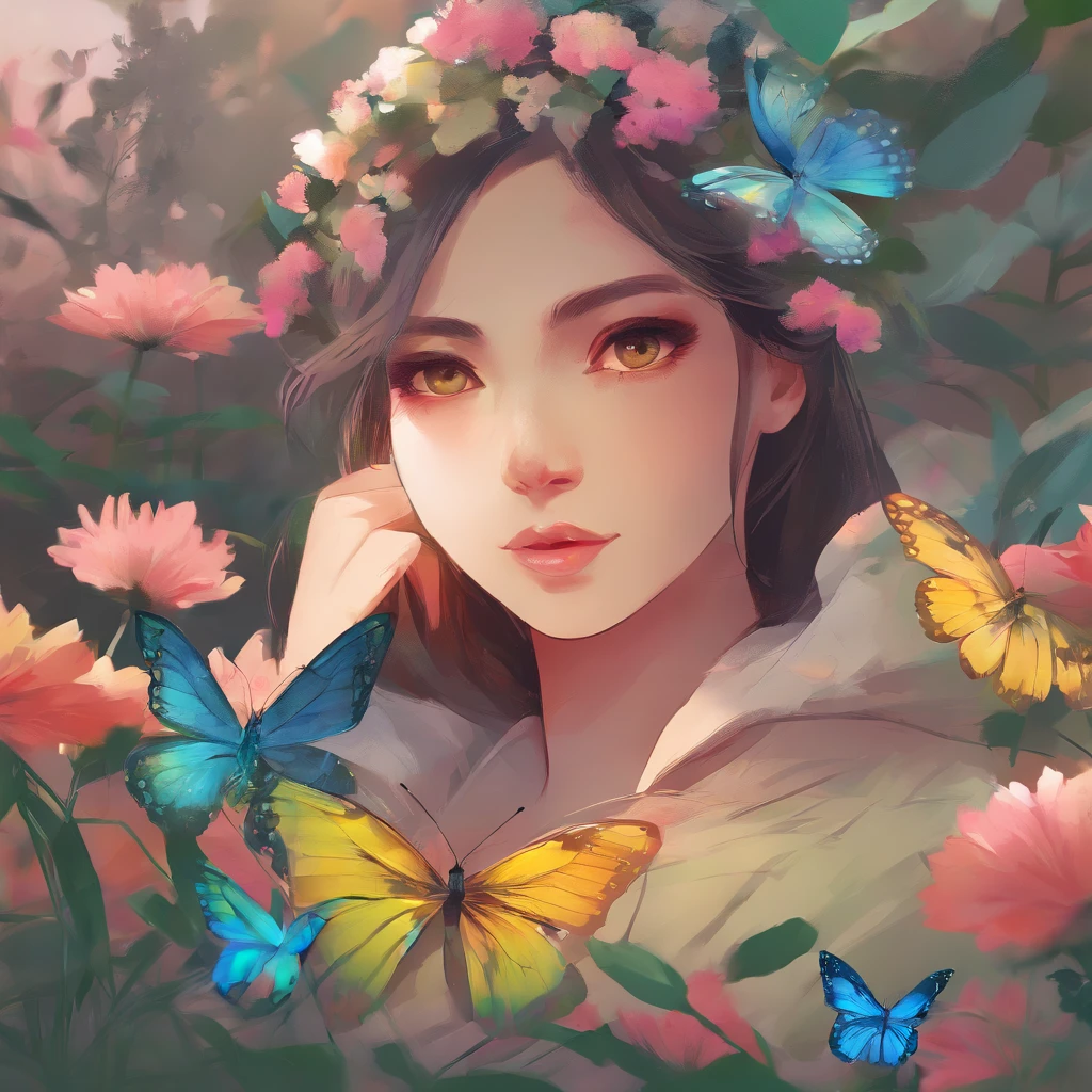 A girl in a garden,illustration,beautiful detailed eyes,lush greenery,flowers blooming,colorful butterflies,faint sunlight(best quality,4k,8k,highres,masterpiece:1.2),vivid colors,soft pastel color palette,subtle bokeh.