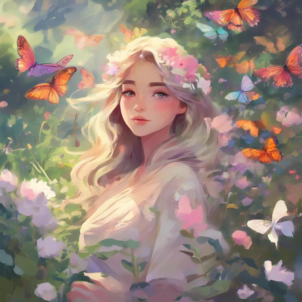 A girl in a garden,illustration,beautiful detailed eyes,lush greenery,flowers blooming,colorful butterflies,faint sunlight(best quality,4k,8k,highres,masterpiece:1.2),vivid colors,soft pastel color palette,subtle bokeh.