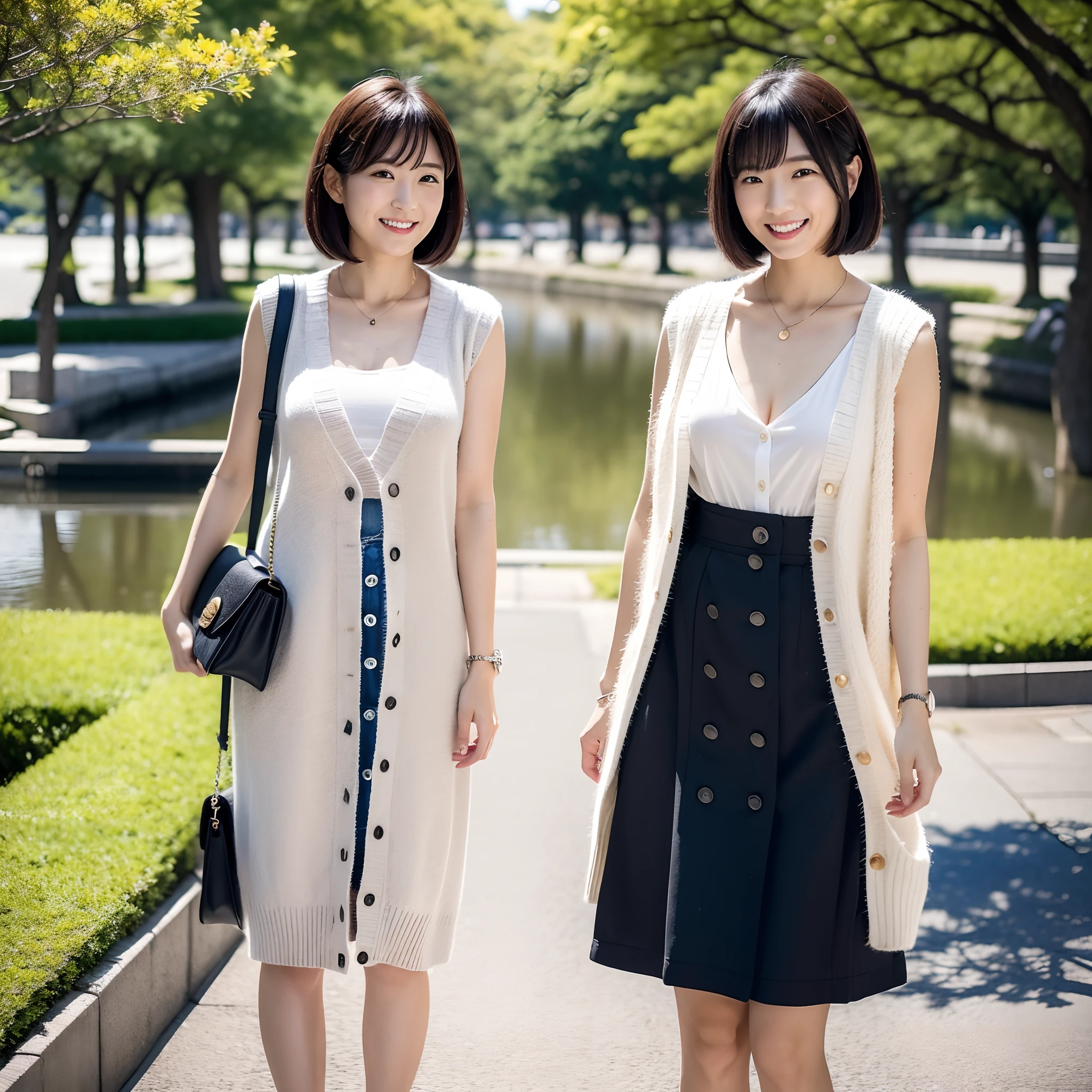 Two Japan women taking photos in a park on the Sumida River in Japan、It was a 27-year-old woman with small breasts with loose and fluffy long bob hair、One is a 31-year-old woman with small breasts and a long bob....The two are having fun、small tits、Small、discreet breasts、I'm wearing a cardigan over a sleeveless dress、street snap、Adult personal clothes、