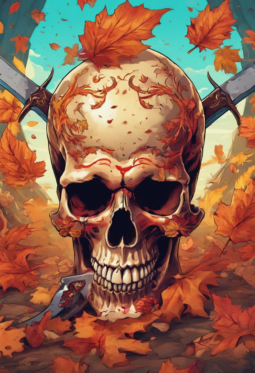 a close up of a skull with a dagger in its head,autumn leaves,impacting skull,broken teeth,fantasy skull,spooky full color detailed art,4k scary full color art,holy skull,psychedelic background conjuration,detailed digital art, blood, sacred skulls, psychedelic illustration, textured skull, skull face, death skull, scary color art, , psychedelic art style