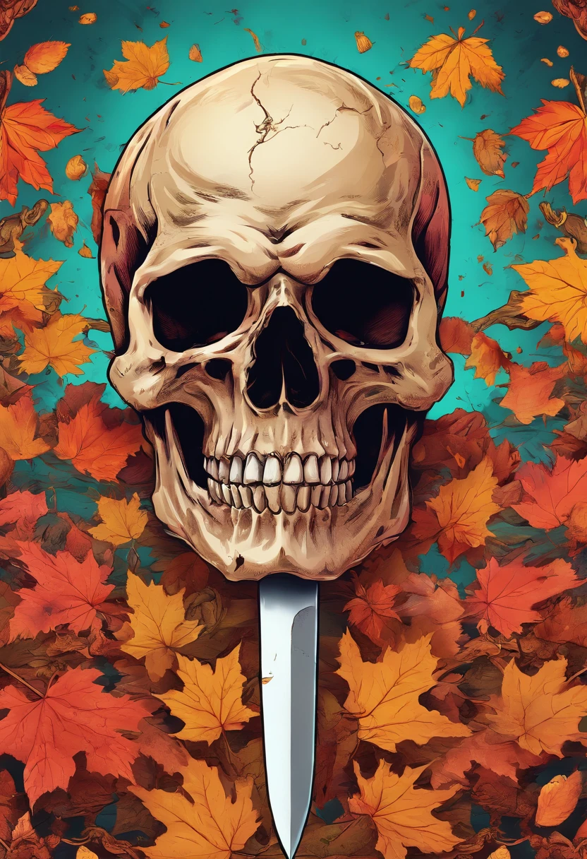 a close up of a skull with a dagger in its head,autumn leaves,impacting skull,broken teeth,fantasy skull,spooky full color detailed art,4k scary full color art,holy skull,psychedelic background conjuration,detailed digital art, blood, sacred skulls, psychedelic illustration, textured skull, skull face, death skull, scary color art, , psychedelic art style