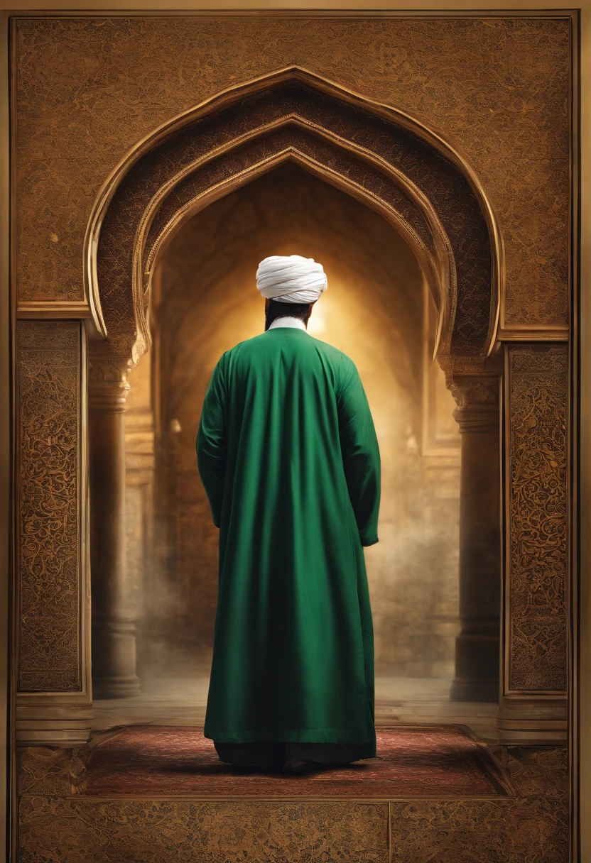 Imam mahdi from back view, an old paper in his hand