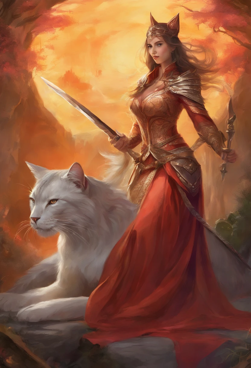 2 feline warriors with sword and bow 1 magician in weßer robe with spell died in the background a castle and 2 unicorns sexy pose hot sexy t small breasts Solid , easy smile, Ohren-Rouge, Exy Sweet Smile Hot Best Quality, high resolution, ultra-detailliert, Lebendige Textur,