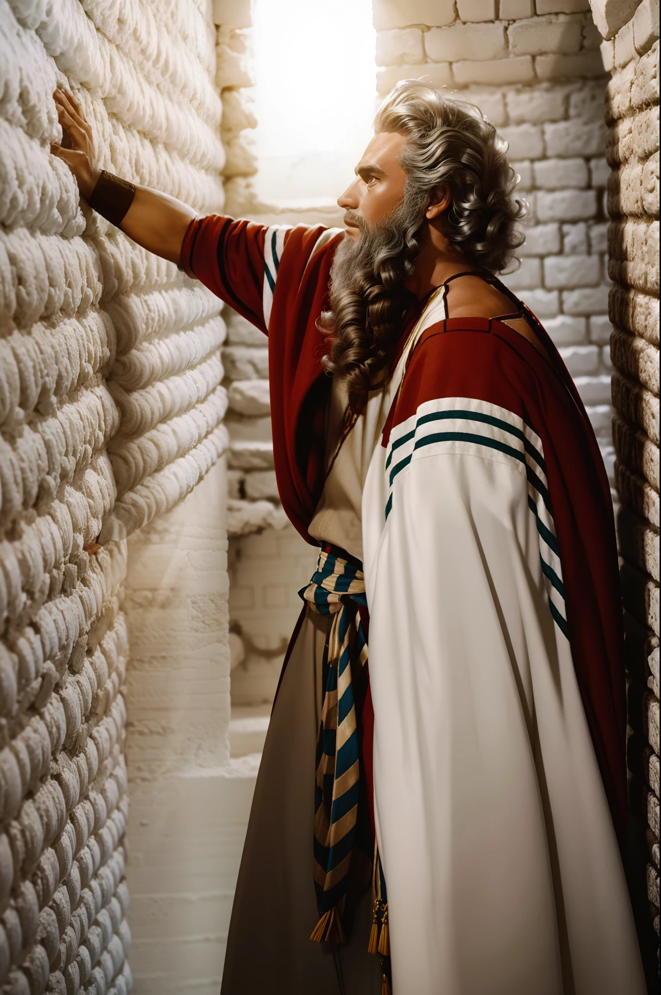 1 homem com um manto branco, manto, big hair standing on Western Wall, chorando e orando, e a luz do iluminador