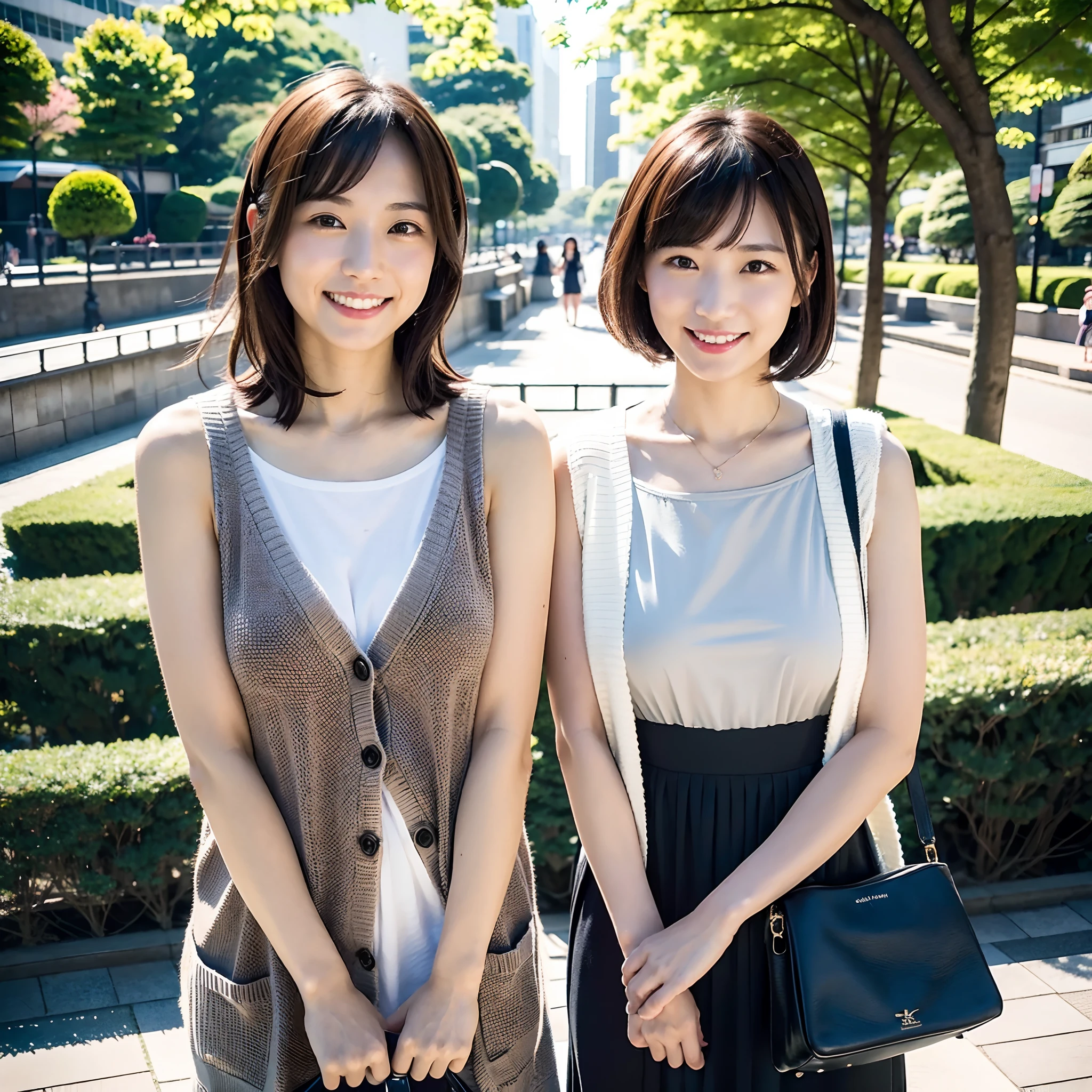 A Japanese woman in a park by the Sumida River in Japan、She was a 27-year-old woman with loose, fluffy short hair and lobbed hair、One is a 31-year-old woman with small  and a dark brown lob、The two are having fun、small tits、Small、discreet breasts、street snap、Adult Women's Plain Clothes、Sheer feeling、Beautuful Women、Looking at me with a smile、Staring at each other、Tokyo Skytree can be seen in the background