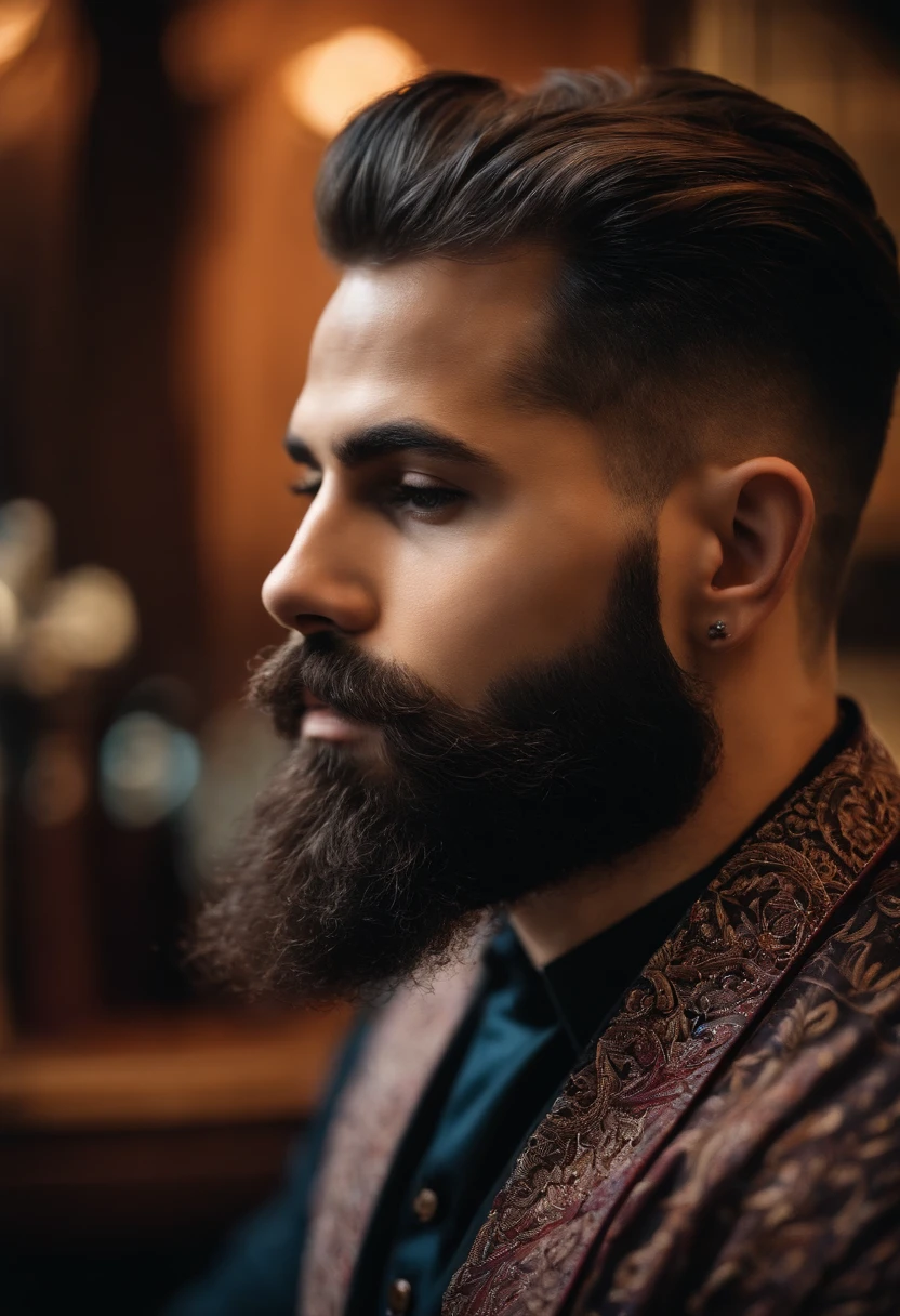 homem bonito, fazendo a barba com estilo em barbearia, foto detalhista e rica em detalhes