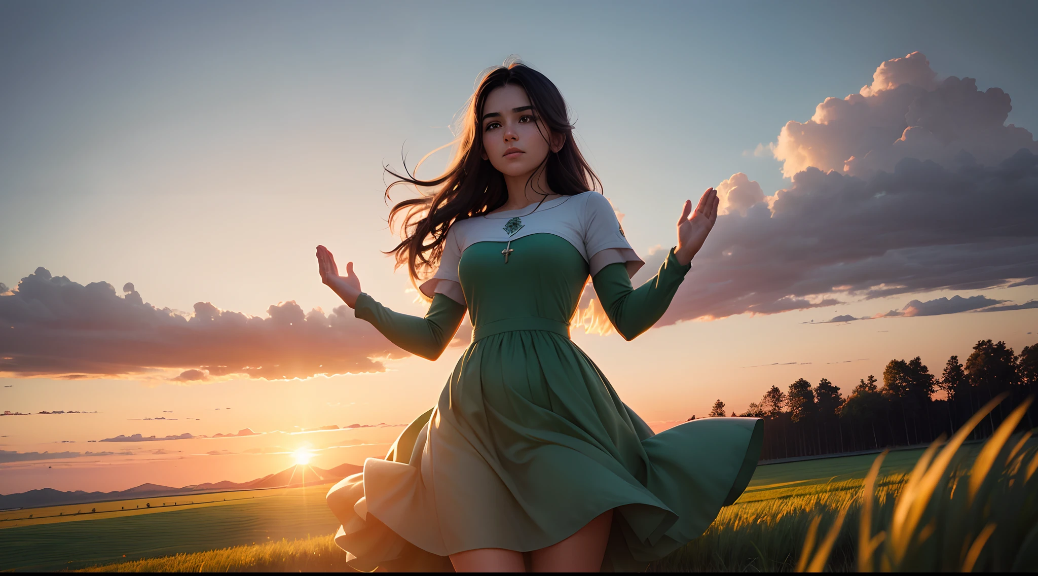 Gere uma imagem de uma mulher em um belo vestido branco, Standing on a green field, raising hands in prayer at sunset, expressing hope and faith in Christ Jesus.