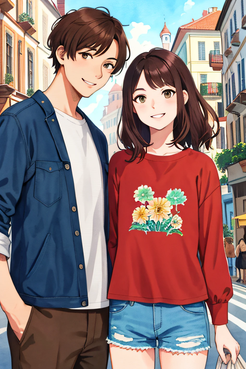 Semi-realistic, 2.5D, detailed, flat color only, illustration, line art, watercolor, highest quality,
Detailed background, 2 people, 1 man (short hair, black hair) and 1 woman (brown hair, long hair), posing for picture, smiling, casual clothes, euro street people,