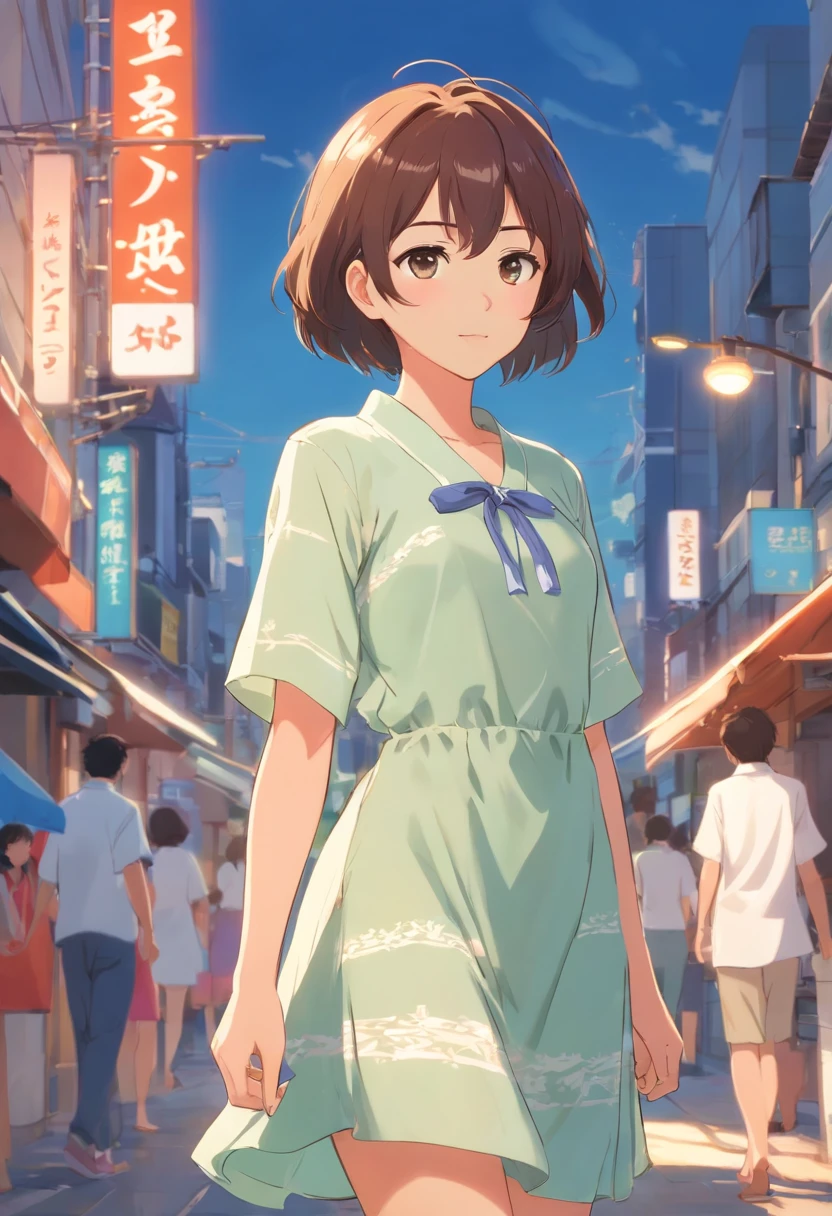 Korean women with short hair wear summer dresses.Wear a large shirt., Anime character characteristics