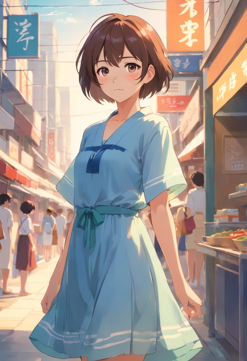 Korean women with short hair wear summer dresses.Wear a large shirt., Anime character characteristics