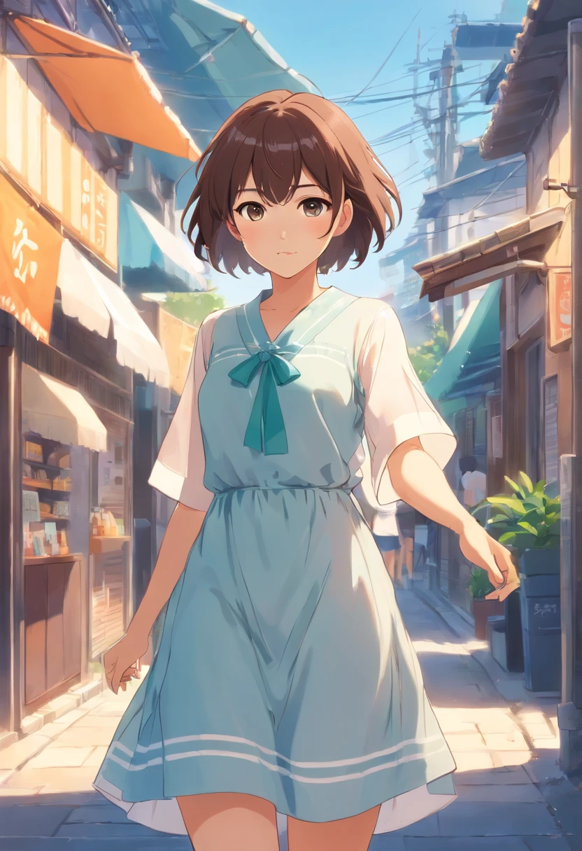 Korean women with short hair wear summer dresses.Wear a large shirt., Anime character characteristics
