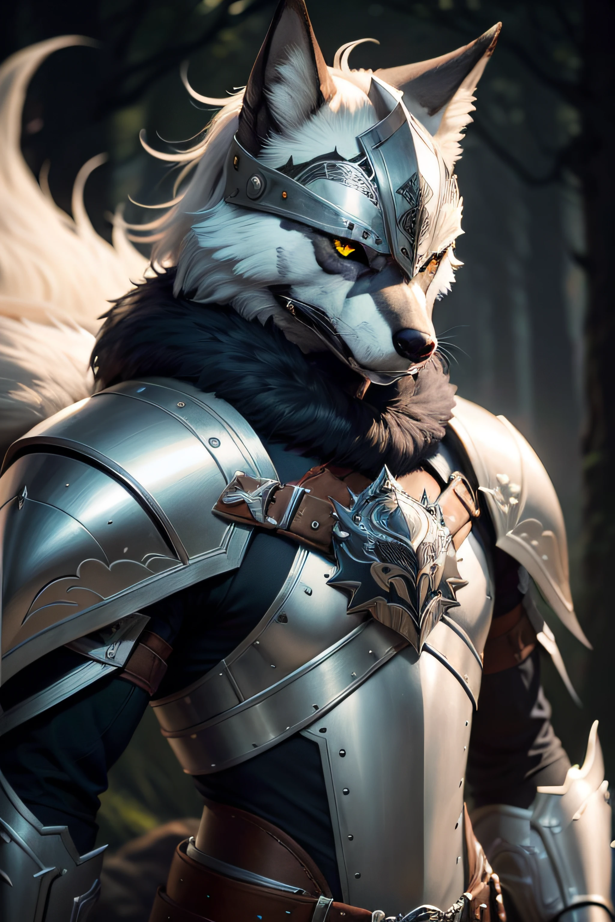 Un hombre con armadura,En su hombro hay un lobo, Husky con armadura brillante, Armadura de lobo, Armadura inspirada en Kitsune, usando una intrincada armadura de piel, Armadura de piel, Retrato de personaje peludo, Usando armadura de piel, furry fantasy art, Arte de Silverfox, cubierto con una armadura plateada completa, Usa armadura palaciega, fantasy wolf portrait, anthropomorphic wolf