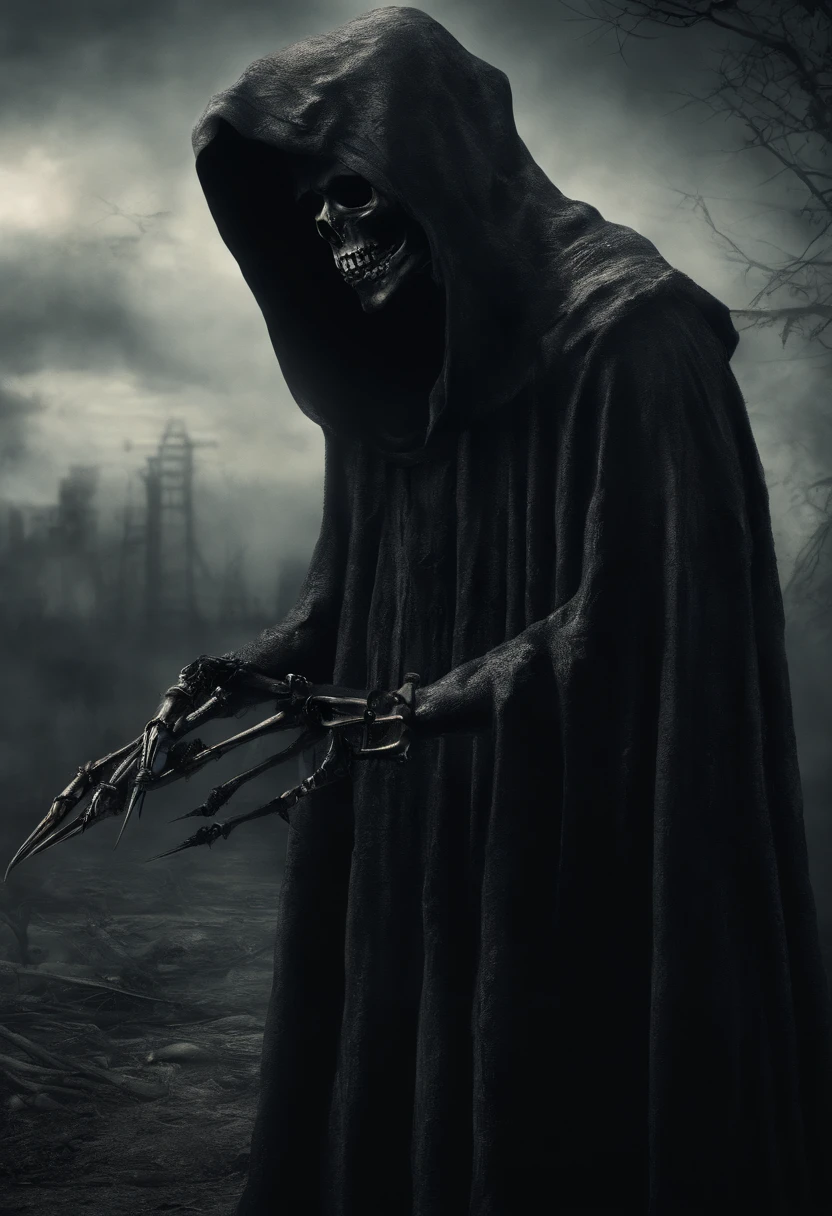 Create a frighteningly detailed and realistic depiction of the hooded figure of Death. The scene is expected to feature a black silhouette with a skull on a face and a skeletal hand holding a menacing sickle. Esta figura sinistra deve ter como pano de fundo uma noite nebulosa iluminada pela luz fria da lua. A imagem deve exalar uma atmosfera sinistra e arrepiante. Use Octane rendering to capture realistic textures and lighting. The resolution should be an impressive 8K, ensuring extraordinary clarity and precision in portraying the sinister aspect of Death.