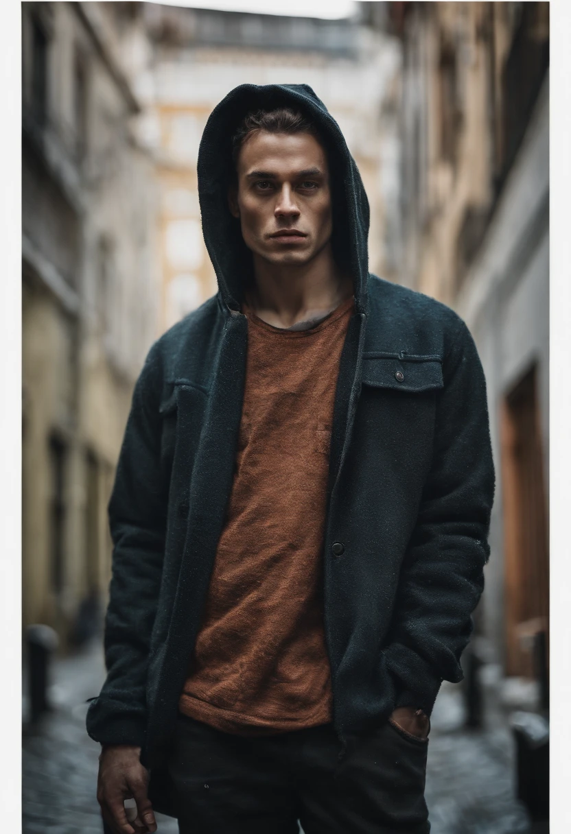Create an ultra-wide photo of a decrepit zombie wearing an Adidas coat and hoodie, against an abstract background. The overall style of the image should be minimalist with an Artgem touch. The zombie should be rendered in a decrepit, cadaverous style, with a focus on creating a sense of horror and decay. The Adidas jacket and hood should be rendered in high detail, with a focus on capturing the texture and style of the clothing. The background of the image should have an abstract design, with a focus on creating a sense of depth and contrast with the foreground. The image should be rendered in wide format, with a focus on creating a sense of scale and drama in the scene.