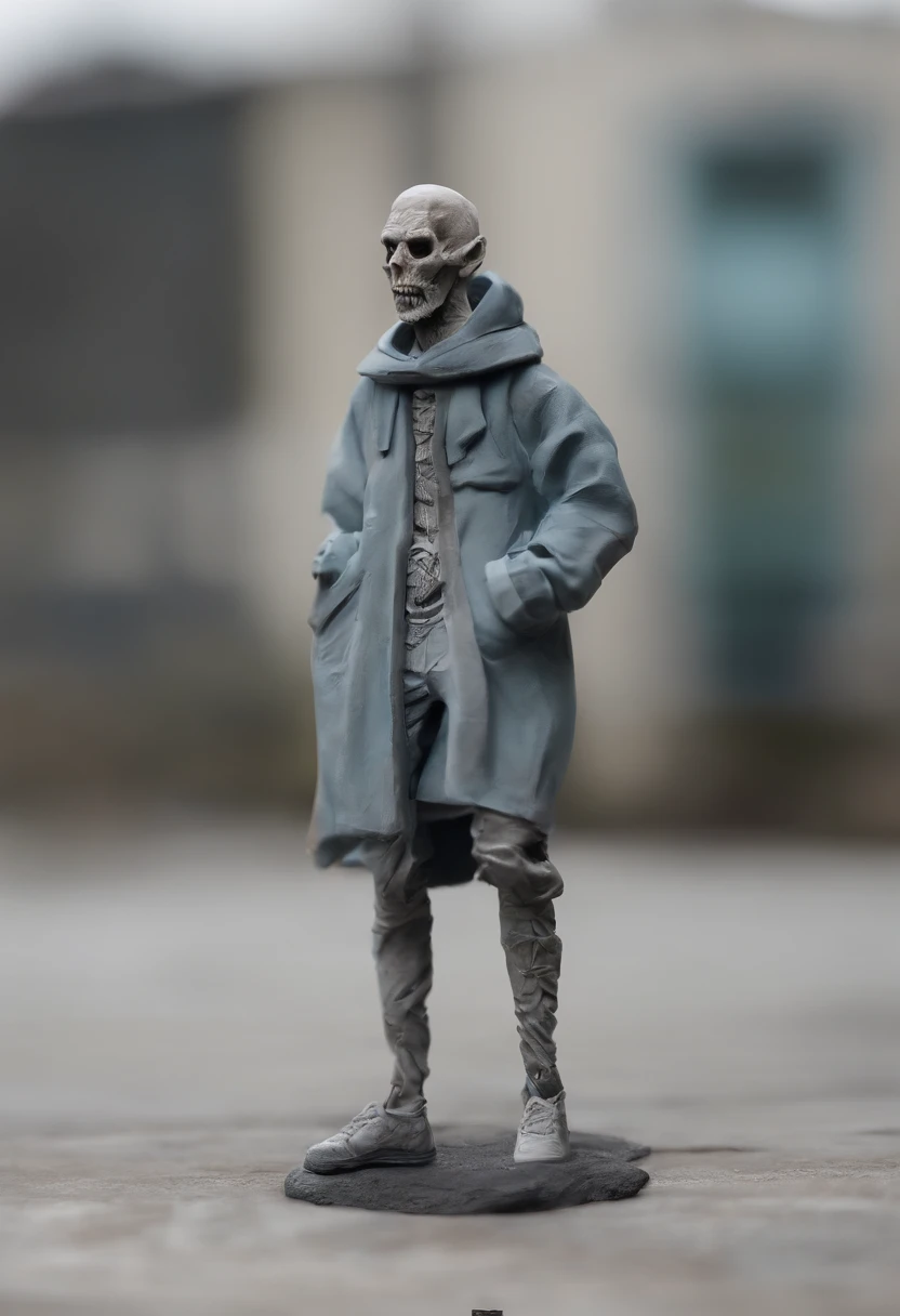 Create an ultra-wide photo of a decrepit zombie wearing an Adidas coat and hoodie, against an abstract background. The overall style of the image should be minimalist with an Artgem touch. The zombie should be rendered in a decrepit, cadaverous style, with a focus on creating a sense of horror and decay. The Adidas jacket and hood should be rendered in high detail, with a focus on capturing the texture and style of the clothing. The background of the image should have an abstract design, with a focus on creating a sense of depth and contrast with the foreground. The image should be rendered in wide format, with a focus on creating a sense of scale and drama in the scene.