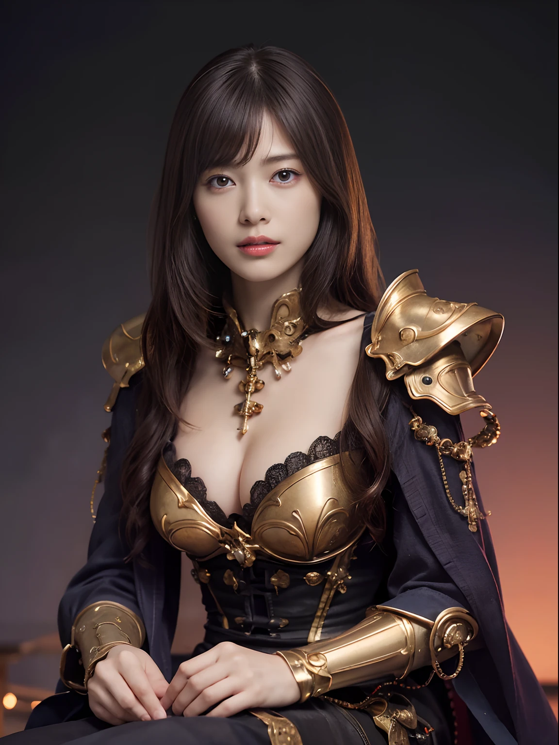 top-quality、​masterpiece、超A high resolution、(Photorealsitic:1.4)、Raw photo、女の子1人、Black hair、glowy skin、((1 Mechanical Girl))、((super realistic details))、portlate、globalillumination、Shadow、octan render、8K、ultrasharp、Colossal tits、Raw skin is exposed in cleavage、metals、Details of complex ornaments、Japan details、highly intricate detail、Realistic light、CGSoation Trends、a purple eye、radiant eyes、Facing the camera、neon details、Mechanical limbs、blood vessels connected to tubes、Mechanical vertebrae attached to the back、mechanical cervical attaching to neck、sitting on、Wires and cables connecting to the head、Gundam、Small LED lamp、Particles of light、
