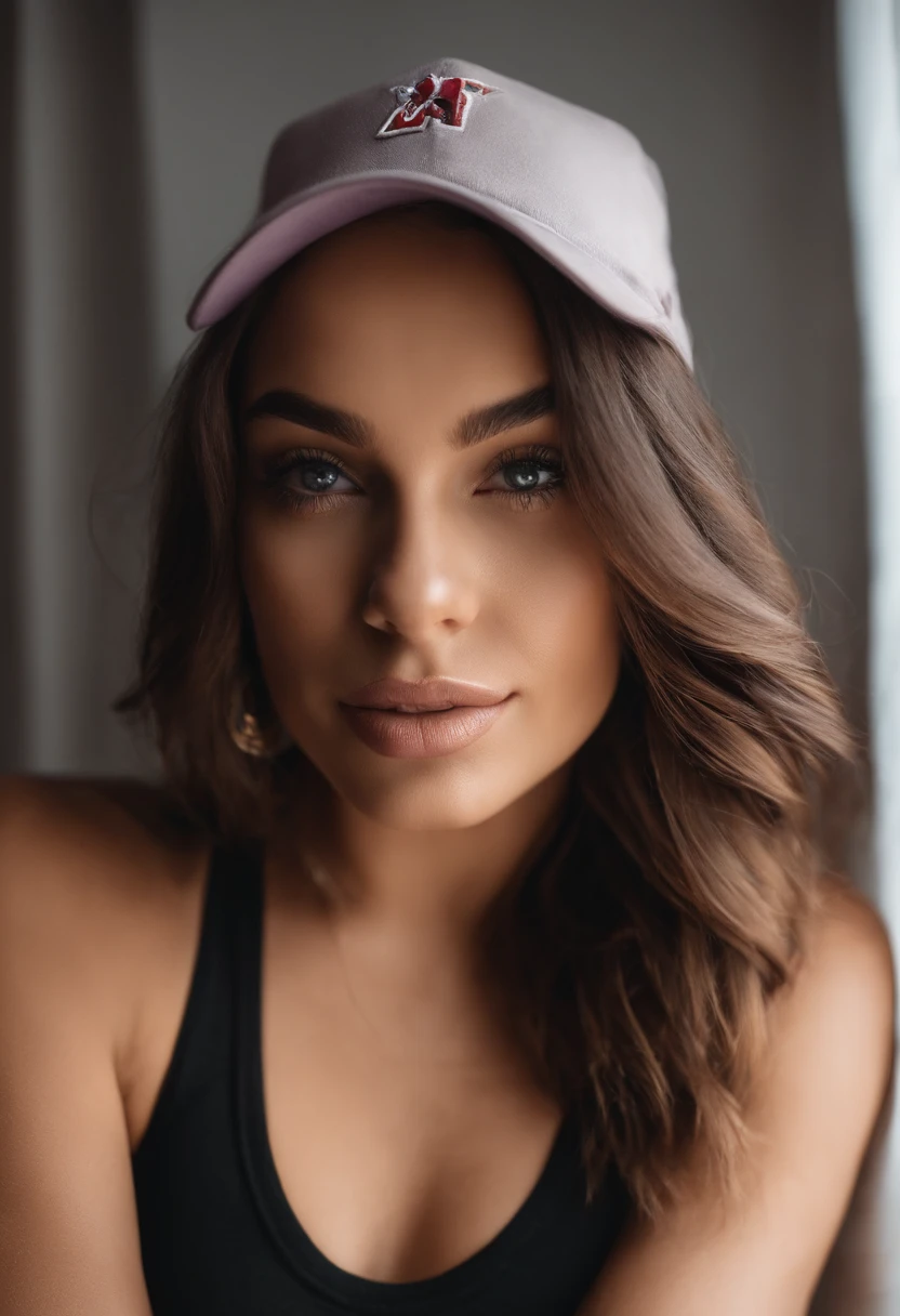 Arafed woman with matching tank top and panties a cap chicago bull new era, fille sexy aux yeux bruns, Portrait Sophie Mudd, cheveux bruns et grands yeux, selfie of a young woman, Yeux de chambre, Violet Myers, sans maquillage, maquillage naturel, looking straight at camera, Visage avec Artgram, Maquillage subtil, Superbe photo du corps entier, dans la chambre, clivage