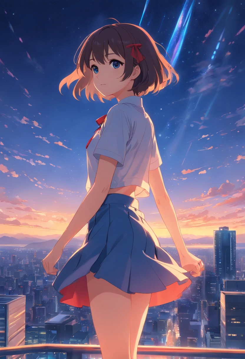 tmasterpiece,best qualtiy,cinematic Film still from,Solo,1girll,Fine face,Fine hair,finely quality eyes,white dresses,Red ribbon,Cross your hands over your chest,(night sky background:0.7),Skirt lift,skirt_lift,