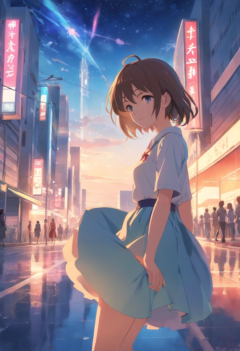 tmasterpiece,best qualtiy,cinematic Film still from,Solo,1girll,Fine face,Fine hair,finely quality eyes,white dresses,Red ribbon,Cross your hands over your chest,(night sky background:0.7),Skirt lift,skirt_lift,