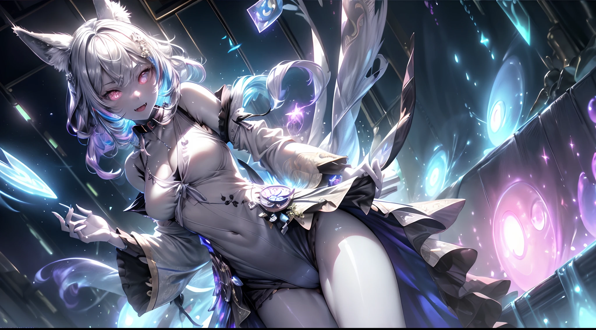 spiritual blue fire fluffy fox girl, (fluffy fox ears, fluffy fox tail), (spirit, spiritual:1.4), (blue fire:1.5), 1girl, perfect and well designed glowing shiny eyes, (beautiful detailed eyes:1.05), natural breasts, slim body, beautiful and delicate cute face, (face detail), ((realistic face)), pores, ((pale grey skin)), detailed skin, realistic skin, (((bioluminescence))), ((shiny skin)), (fangs:1.5), (multicolored gradation skin), (monster girl:1.25), (fur body:1.4), human face, medium length hair, hair voluminous, (((((multicolored gradation hair))))), super high resolution, 8k, parameters Best quality, (masterpiece:1.4), (magic accessories:1.4), bracelets, extremely detailed thick tight ({nylon|lycra}:1.5) pastel bright ((dark blue, (blue:0.4), silver:1.3), (pink, purple:0.75)) ornate ({(dress shirt with stand-up collar:1.7)|((summer dress:1.2),(kimono:1.2))|((tank top:1.5), (vest:1.15))}, (kimono sleeves:1.5), ((dress:1.5), (skirt:1.2))), (standing nipples under cloth:1.2), (cameltoe:1.4), (ornaments on clothing:1.5), (neckline:1.3), (cleavage:1.3), decolette, navel, Young Girl, Little Beast, (Smile:0.7), (pale Skin:1.4), ((flower tattoos all over body, flower tattoos all over legs)), ultra detailed, photorealistic, ((Real image)), (best quality:1.4), super high resolution, (Realistic 2.0), More details, (((1girl))), leans on the table, office, city and buildings behind a window, futuristic, {fantasy|cyberpunk}, magic technologies, (beautiful and aesthetic:1.2), (fractal art:1.4), (cinematic light:1.1), (DUTCH ANGLE:1.3), 16K, HDR, RTX, Ray Tracing, Radiosity, Anisotropic Filtering, Subsurface Scattering, (((magic lights))), metallic reflections, Detailed, Realistic, 4k highly detailed digital art, (cool_color), extremely detailed CG unity 8k wallpaper, vibrant colors, (((seductive pose)))