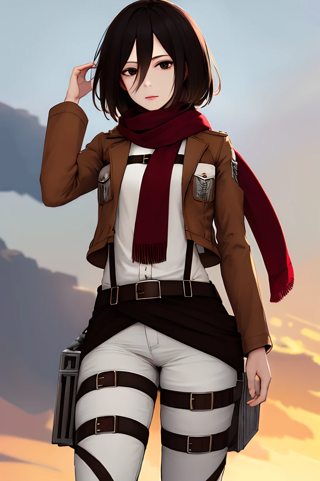 masterpiece, best quality, highres, hmmikasa, short hair, black eyes, scarf, emblem, belt, thigh strap, red scarf, white pants, brown jacket, long sleeves, cowboy shot, standing