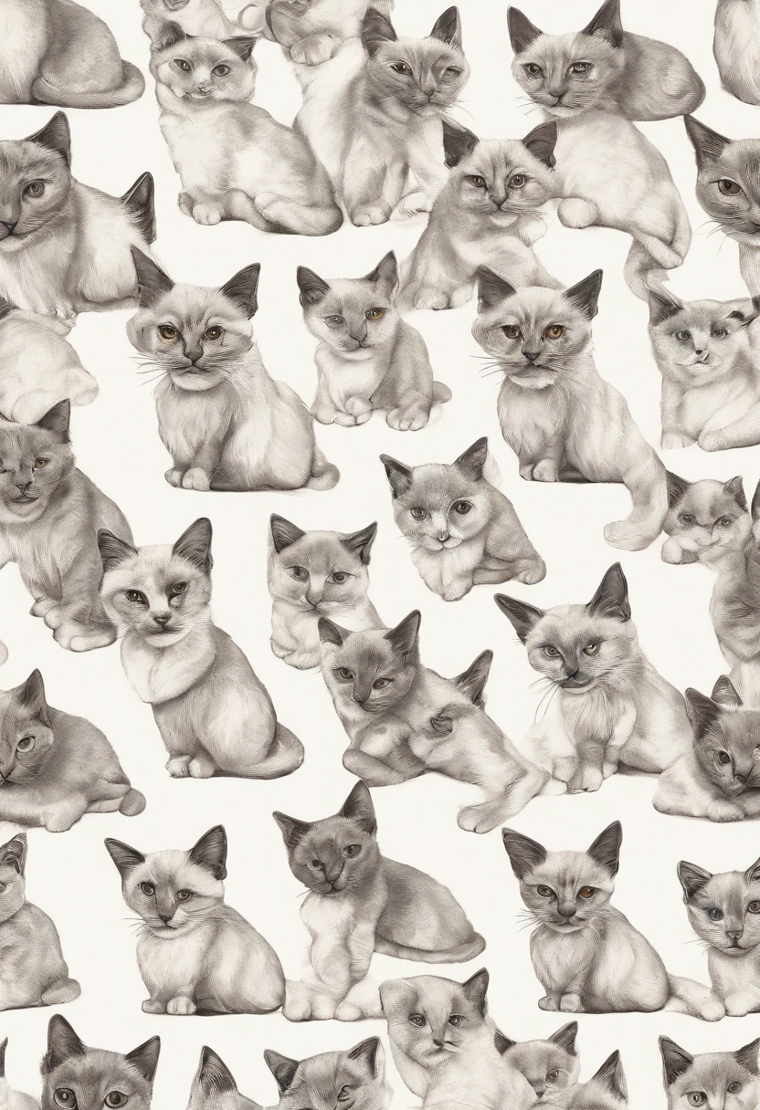 Siamese cat kitten vector t-shirt print playing detailed sticker style, realistic sketch style color design, white background