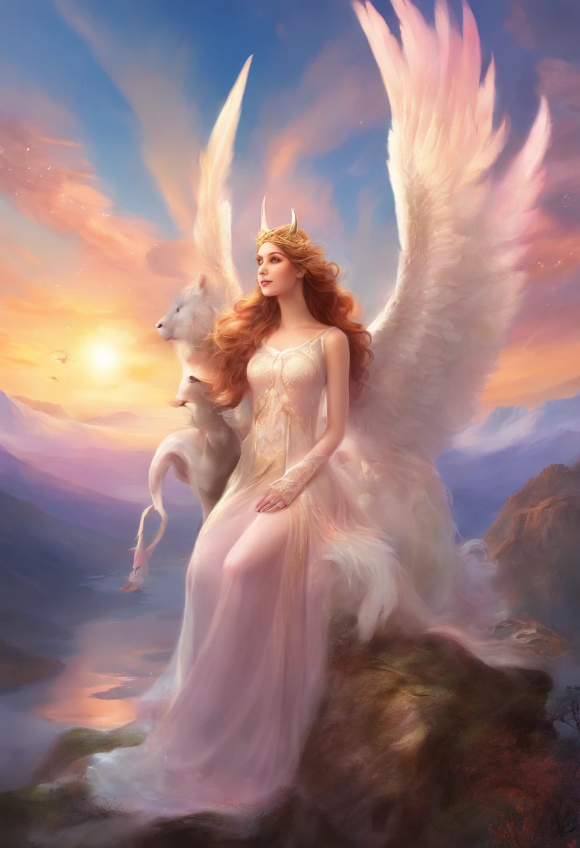 2 angelic creatures beautiful sky background mountains lake pose sexy unicorns sexy pose hot sexy t small solid , easy smile, Ohren-Rouge, Exy Sweet Smile Hot Best Quality, high resolution, ultra-detailliert, Lebendige Textur,