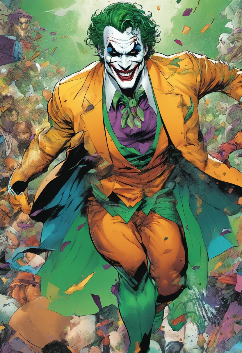 (8k, RAW photo, best quality, masterpiece:1.2), ultra detailed, official art, photo-realistic:1.37, upper body shot, DC Joker, film grain, action pose