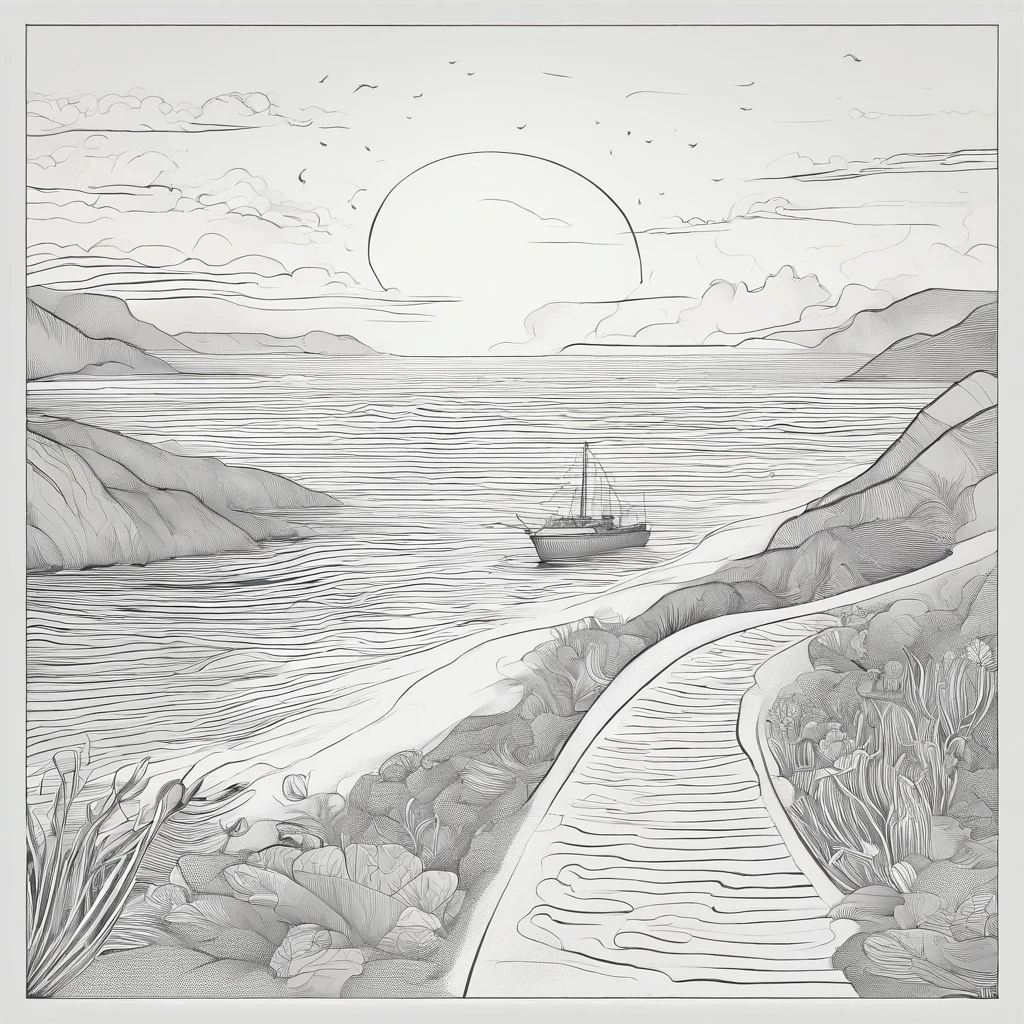 "Imagine uma pintura digital que retrata a cena descrita no verso: 'Uma estrada sinuosa que representa a jornada da vida, com uma luz brilhante no horizonte.The road winds through a coastal setting, and the light on the horizon is reflected gently in the seawater. The colors are soft and quiet, conveying a sense of hope and peace. Create this scene in a unique artistic style that evokes a sense of serenity and exploration."