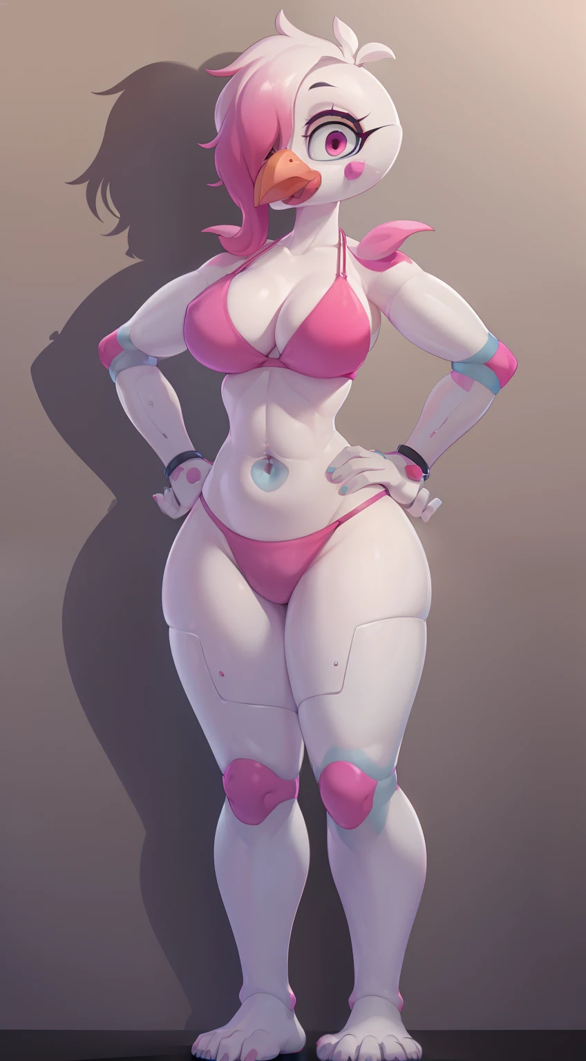 Euphoria orange beak pink micro bikini half-closed eyes looking at viewer flirty pose full length portrait