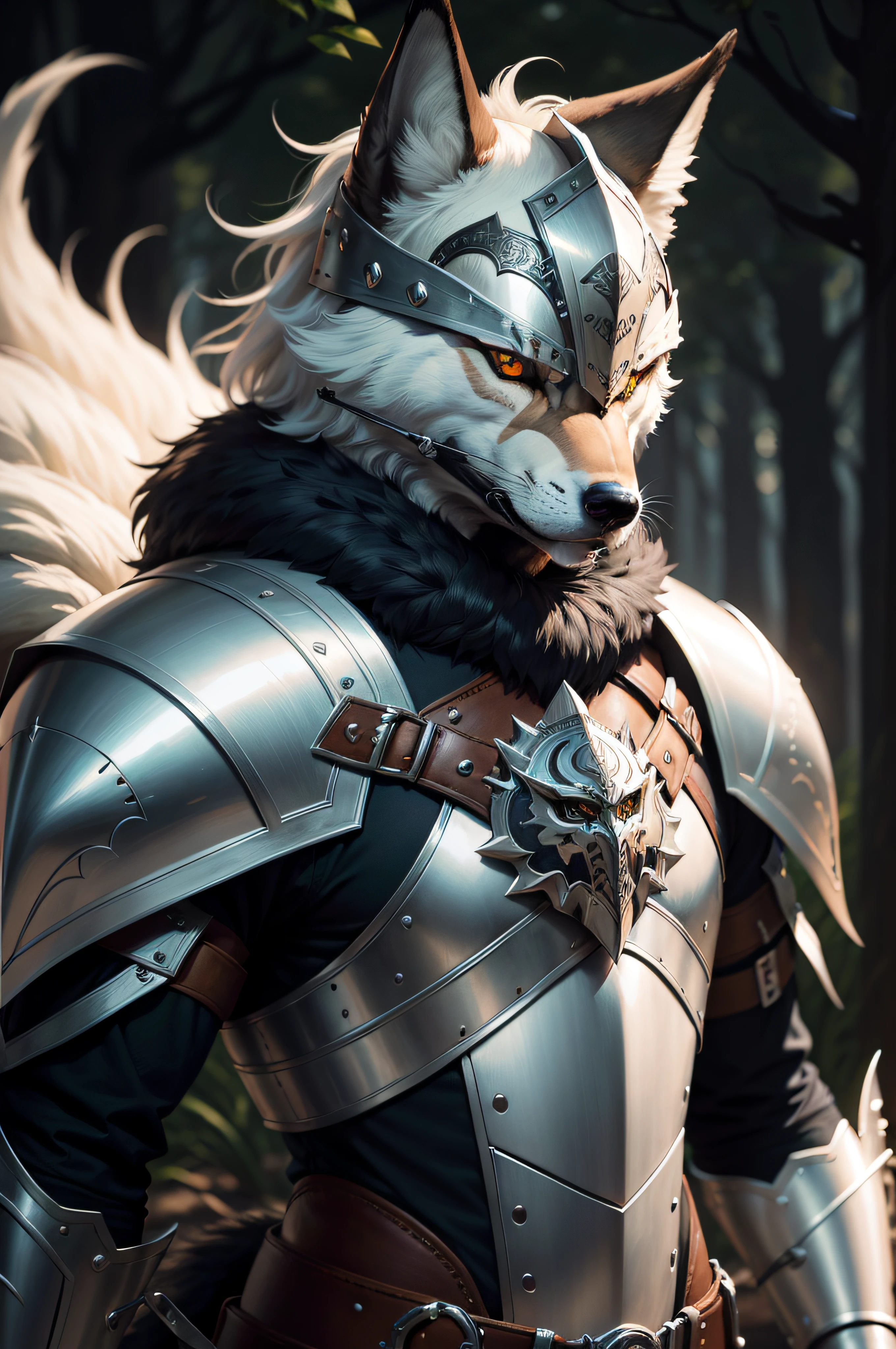 Un hombre con armadura,En su hombro hay un lobo, Husky con armadura brillante, Armadura de lobo, Armadura inspirada en Kitsune, usando una intrincada armadura de piel, Armadura de piel, Retrato de personaje peludo, Usando armadura de piel, furry fantasy art, Arte de Silverfox, cubierto con una armadura plateada completa, Usa armadura palaciega, fantasy wolf portrait, anthropomorphic wolf